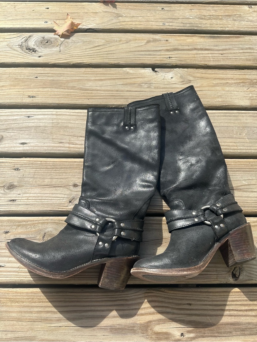 Frye Black Leather Mid-Calf Harness Boots